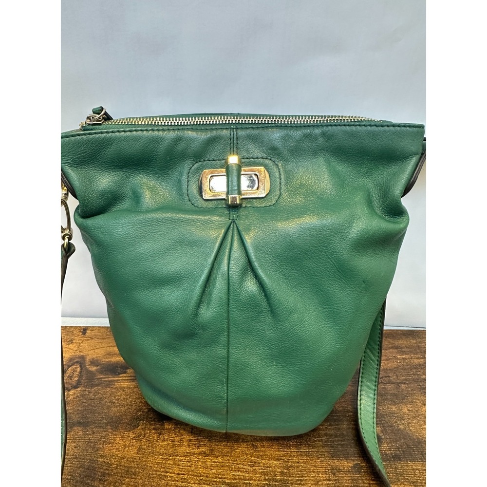 B. Makowsky Turn Lock Shoulder Bag Genuine Pebbled Leather Green Crossbody Purse - Picture 16 of 16